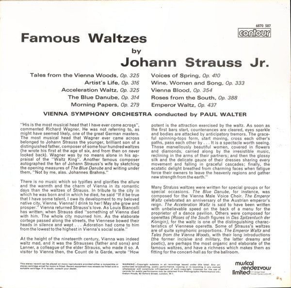 Johann Strauss Jr. - Wiener Symphoniker Conducted By Paul Walter : Waltzes By Johann Strauss Jr (LP)