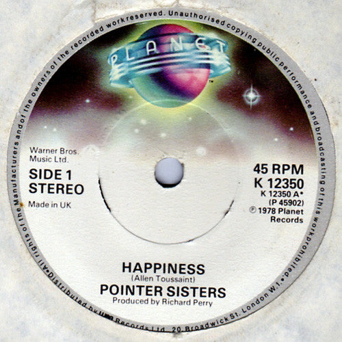 Pointer Sisters : Happiness / Lay It On The Line (7", Single)