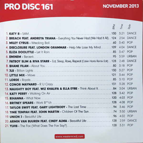 Various : Mastermix Pro Disc 161 (November 2013) (CD, Comp, Promo)