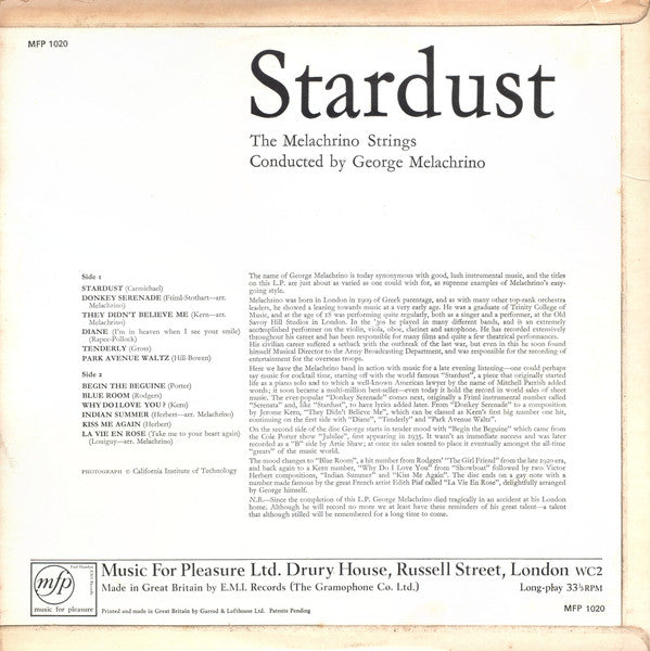 The Melachrino Strings Conducted By George Melachrino : Stardust (LP, Blu)