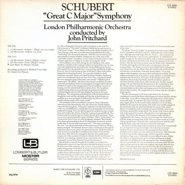 Franz Schubert - London Philharmonic Orchestra Conducted By John Pritchard : "Great C Major" Symphony (LP)
