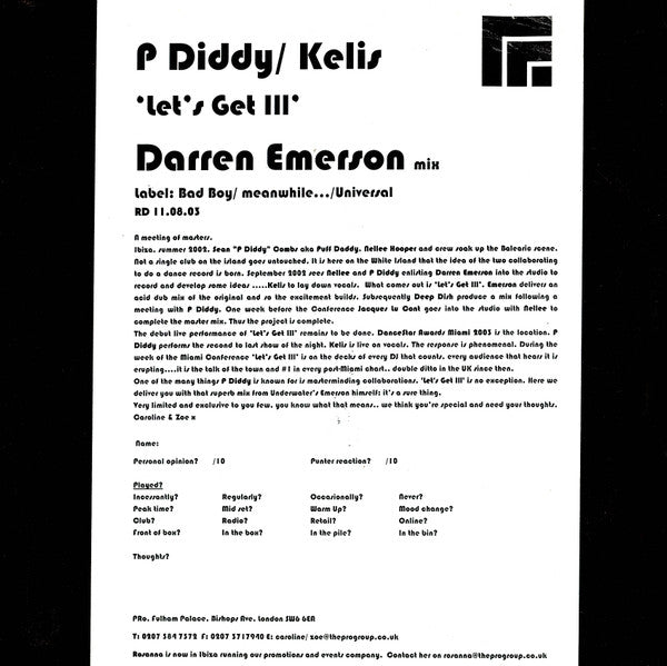 P. Diddy : Let's Get Ill (Darren Emerson Mix) (12", S/Sided, W/Lbl)