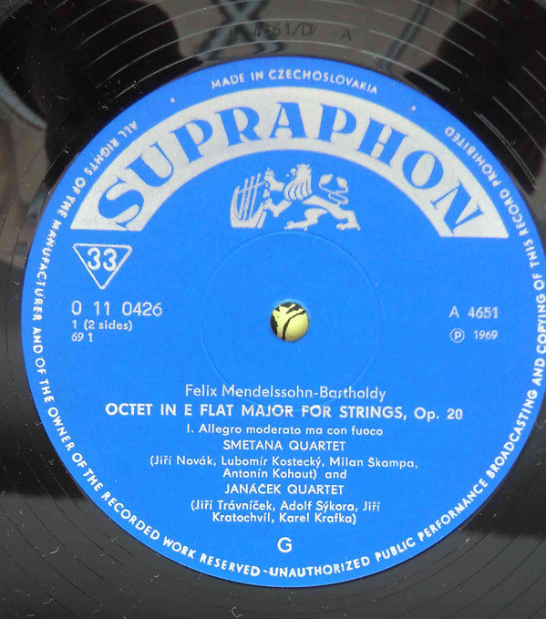 Janáček Quartet, Smetana Quartet Performing Felix Mendelssohn-Bartholdy : Octet For Strings (LP, Mono, Blu)