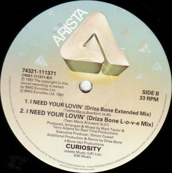 Curiosity : I Need Your Lovin' (12", Single)
