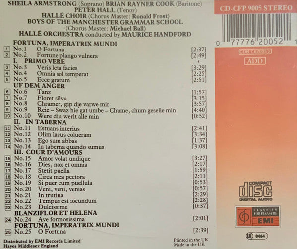 Carl Orff, Sheila Armstrong, Brian Rayner Cook, Peter Hall (8), Hallé Choir, Boys Of Manchester Grammar School, Hallé Orchestra, Maurice Handford : Carmina Burana (CD, Album, Bla)