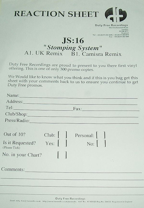 JS16 : Stomping System (12", Promo, W/Lbl)