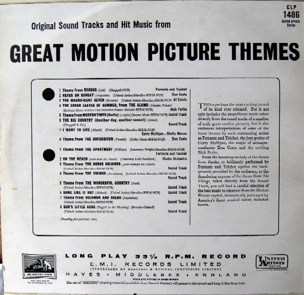 Various : Original Sound Tracks And Hit Music From Great Motion Picture Themes (LP, Comp, Mono, RE, RP)