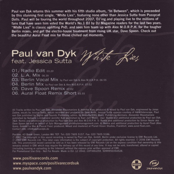 Paul van Dyk Feat. Jessica Sutta : White Lies (CD, Single, Promo)