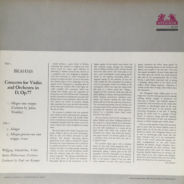 Johannes Brahms, Wolfgang Schneiderhan, Berliner Philharmoniker, Paul Van Kempen : Concerto  For Violin And Orchestra  D Major  Op. 77 (LP, RE, RM)