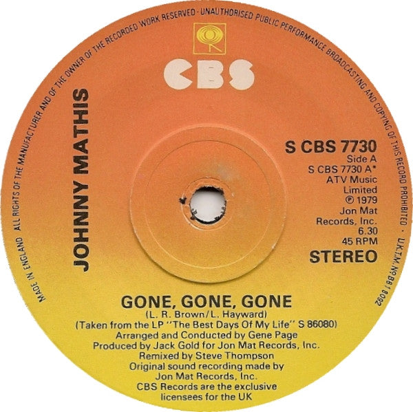 Johnny Mathis : Gone, Gone, Gone (7", Single, Pap)