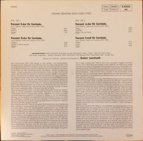 Johann Sebastian Bach, Gustav Leonhardt : Konzerte Fur Cembalo BWV 1053-1056 Harpsichord Concertos (LP, Album)