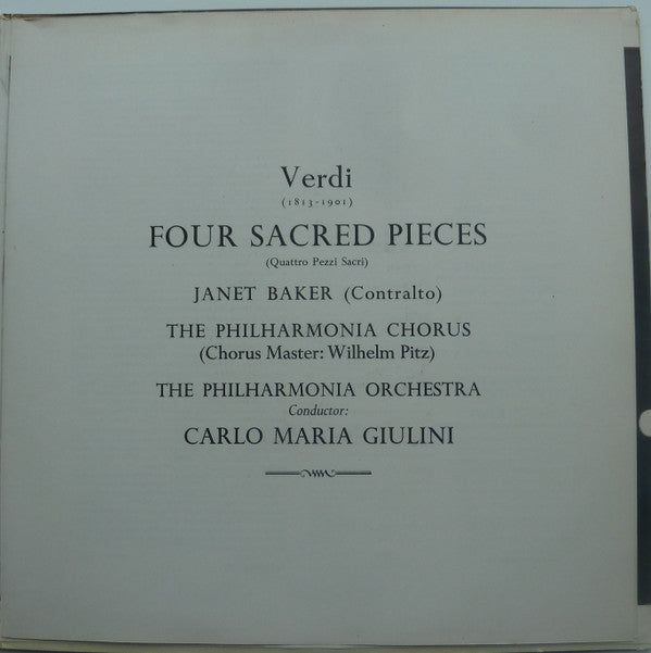 Giuseppe Verdi, Philharmonia Orchestra, Philharmonia Chorus, Carlo Maria Giulini, Janet Baker : Four Sacred Pieces (Quattro Pezzi Sacri) (LP, Mono)