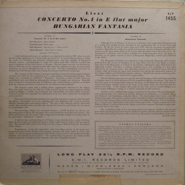 Franz Liszt - Gyorgy Cziffra, Pierre Dervaux (2), Orchestre De La Société Des Concerts Du Conservatoire : Piano Concerto No.1 In E Flat / Hungarian Fantasia (LP, Mono)