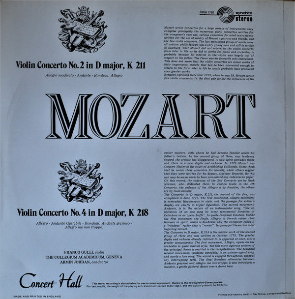 Wolfgang Amadeus Mozart, Franco Gulli, Collegium Academicum De Genève, Armin Jordan : Konzerte Fur Violine Und Orchester Nr 2 In D-dur - Nr 4 In D-dur (LP)