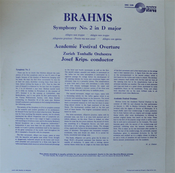 Tonhalle-Orchester Zürich, Josef Krips : Brahms: Symphony No. 2 In D Major, Op. 73 / Academic Festival Overture (LP)