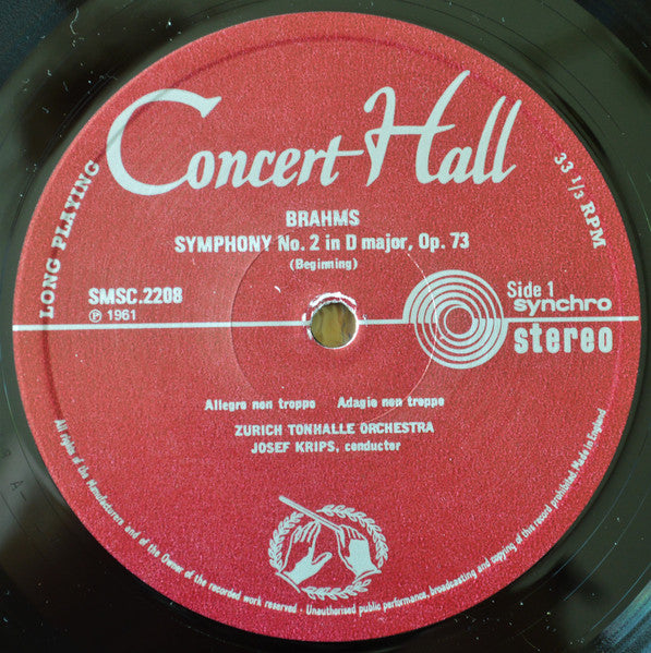 Tonhalle-Orchester Zürich, Josef Krips : Brahms: Symphony No. 2 In D Major, Op. 73 / Academic Festival Overture (LP)