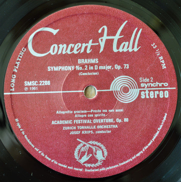 Tonhalle-Orchester Zürich, Josef Krips : Brahms: Symphony No. 2 In D Major, Op. 73 / Academic Festival Overture (LP)