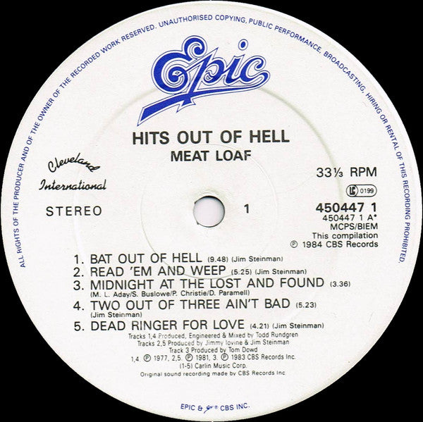 Meat Loaf : Hits Out Of Hell (LP, Comp, RE)