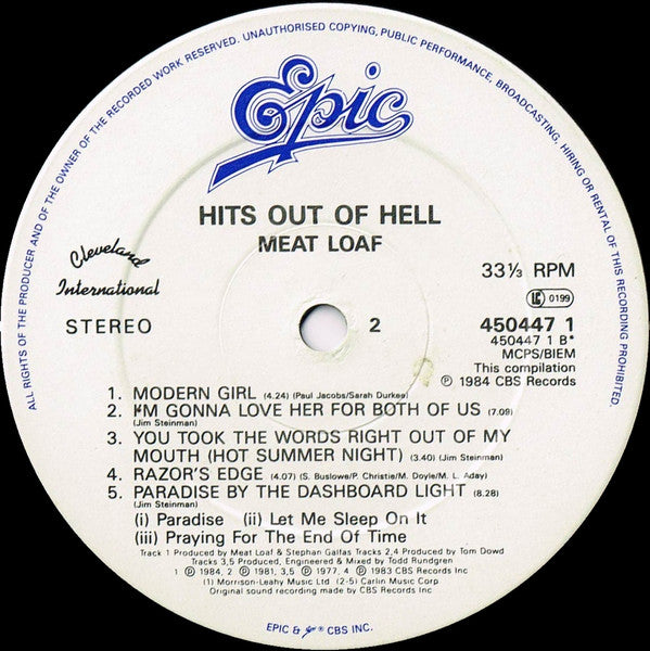 Meat Loaf : Hits Out Of Hell (LP, Comp, RE)