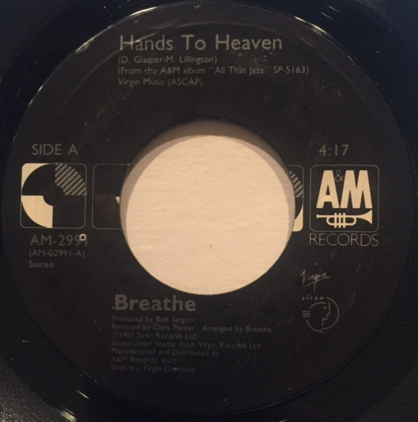 Breathe (3) : Hands To Heaven (7", Styrene, Car)