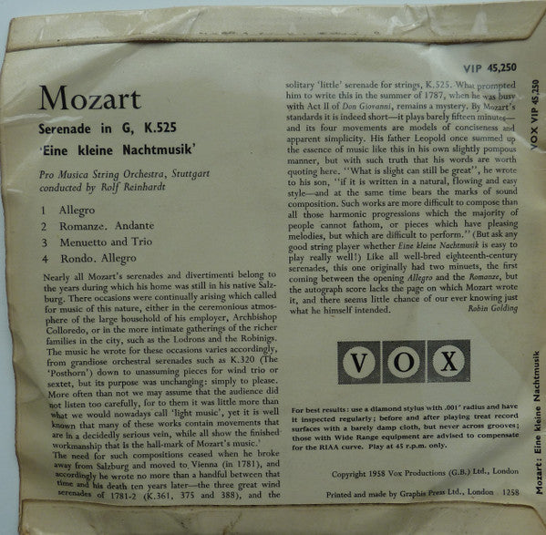 Wolfgang Amadeus Mozart, Pro Musica Orchestra Stuttgart, Rolf Reinhardt : Eine Kleine Nachtmusik (Serenade In G) K. 525 (7", EP, Tri)