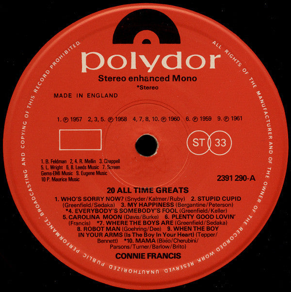 Connie Francis : 20 All Time Greats (LP, Comp)