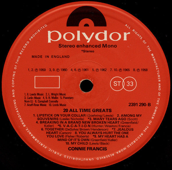Connie Francis : 20 All Time Greats (LP, Comp)