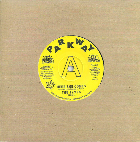 The Tymes : Here She Comes / Anymore (7", Promo, RE)