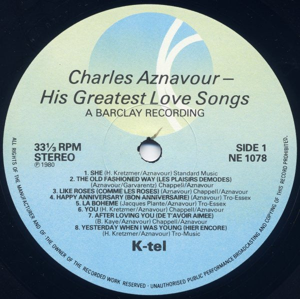 Charles Aznavour : His Greatest Love Songs (LP, Comp)
