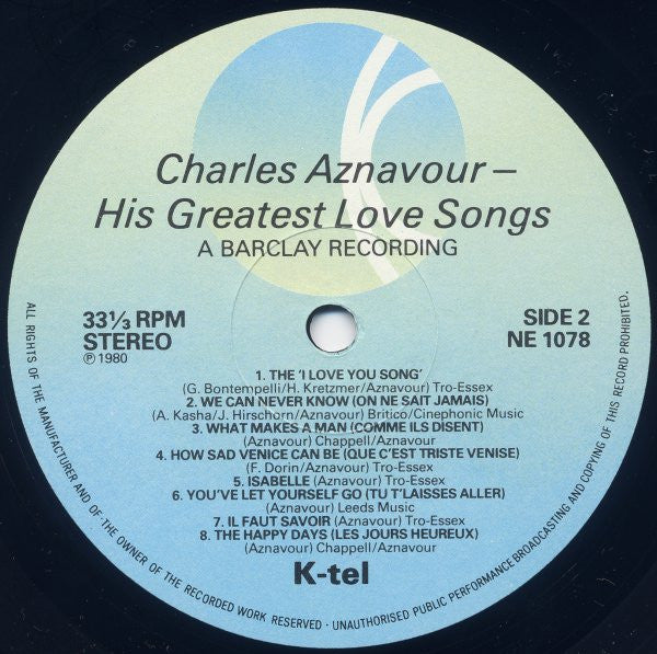 Charles Aznavour : His Greatest Love Songs (LP, Comp)
