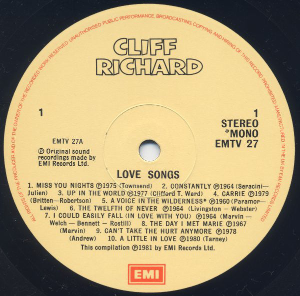Cliff Richard : Love Songs (LP, Comp, Mono, RM)
