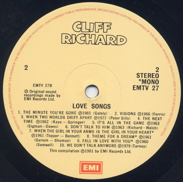 Cliff Richard : Love Songs (LP, Comp, Mono, RM)
