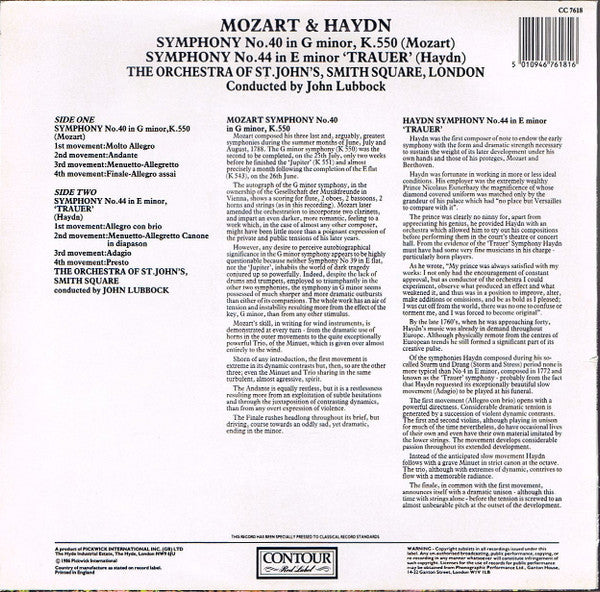 Wolfgang Amadeus Mozart & Joseph Haydn, The Orchestra Of St. John's, John Lubbock : Symphony No. 40 In G Minor, K. 550 (Mozart), Symphony No. 44 In E Minor 'Trauer' (Haydn) (LP)