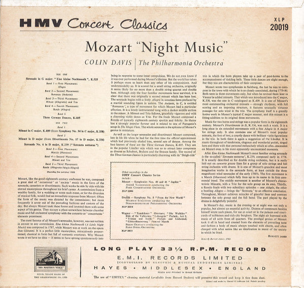 Wolfgang Amadeus Mozart - Philharmonia Orchestra, Sir Colin Davis : Night Music (LP, Mono)