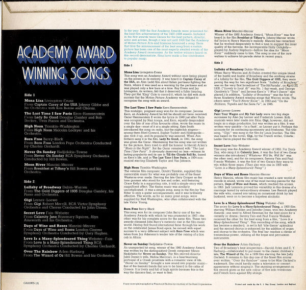 Various : Academy Award Winning Songs (LP, Comp, Mono)