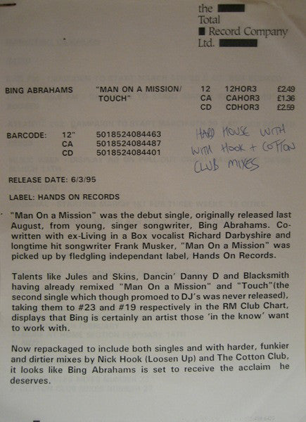 Bing Abrahams : Man On A Mission (12", Promo)