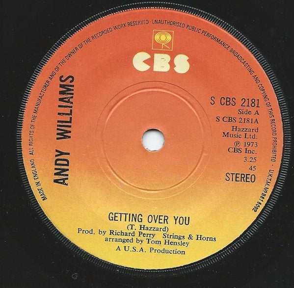 Andy Williams : Getting Over You (7", Single, Sol)