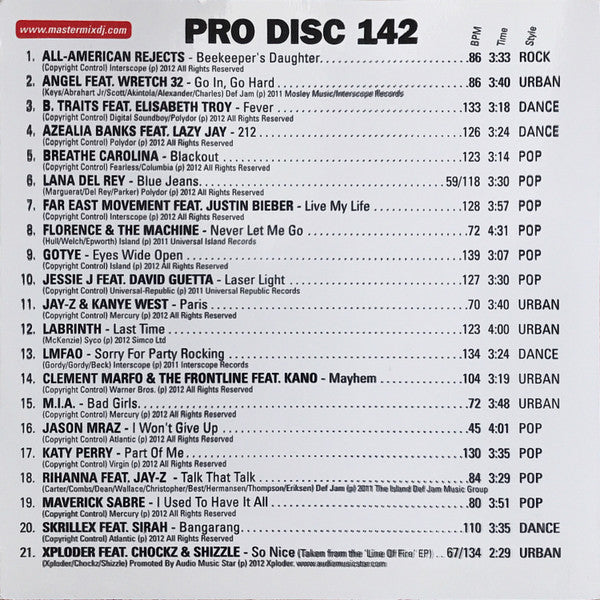 Various : Mastermix Pro Disc 142 (April 2012) (CDr, Comp, Promo)