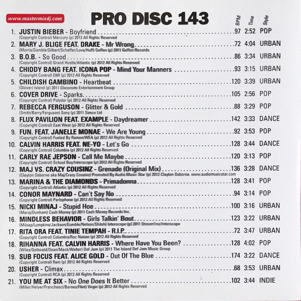 Various : Mastermix Pro Disc 143 (May 2012) (CD, Comp, Promo)