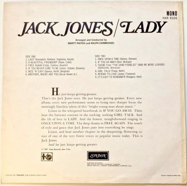 Jack Jones : Lady (LP, Album, Mono)