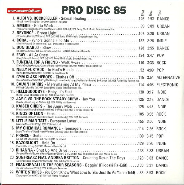 Various : Mastermix Pro Disc 85 (August 2007) (CD, Comp, Promo)