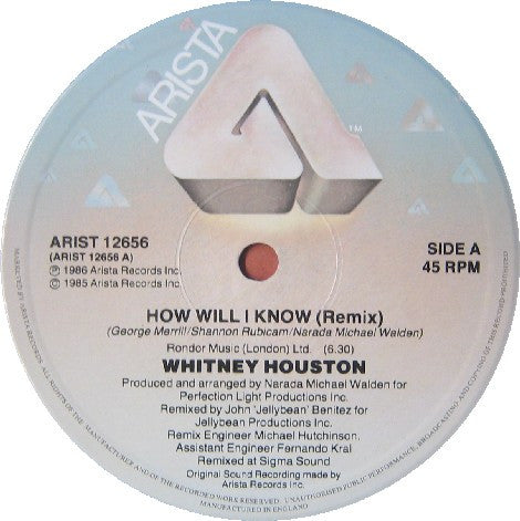 Whitney Houston : How Will I Know (12", Single)