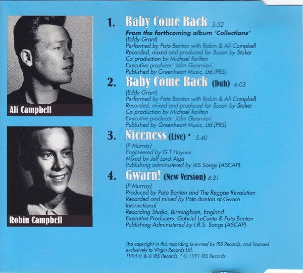 Pato Banton Featuring Ali Campbell And Robin Campbell : Baby Come Back (CD, Maxi)