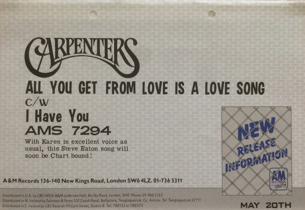 Carpenters : All You Get From Love Is A Love Song (7", Single)