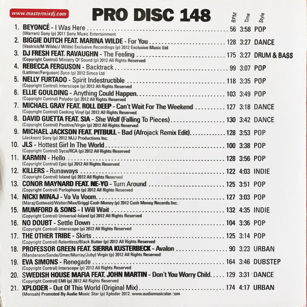 Various : Mastermix Pro Disc 148 (October 2012)  (CD, Comp, Promo)