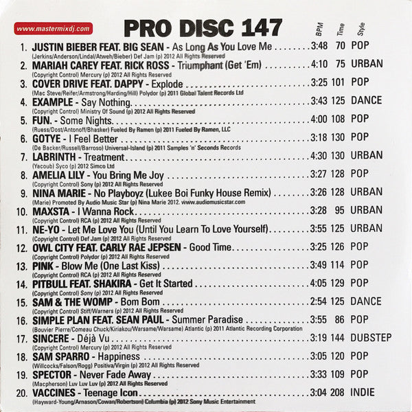 Various : Mastermix Pro Disc 147 (September 2012) (CD, Comp, Promo)