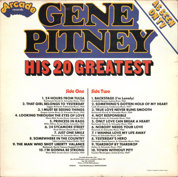 Gene Pitney : His 20 Greatest (LP, Comp)