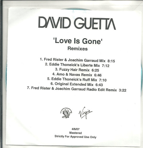David Guetta : Love Is Gone (Remixes) (CDr, Single, Promo)