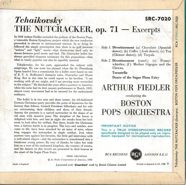 Arthur Fiedler, Boston Pops Orchestra : Tchaikovsky The Nutcracker Excerpts (7", EP)