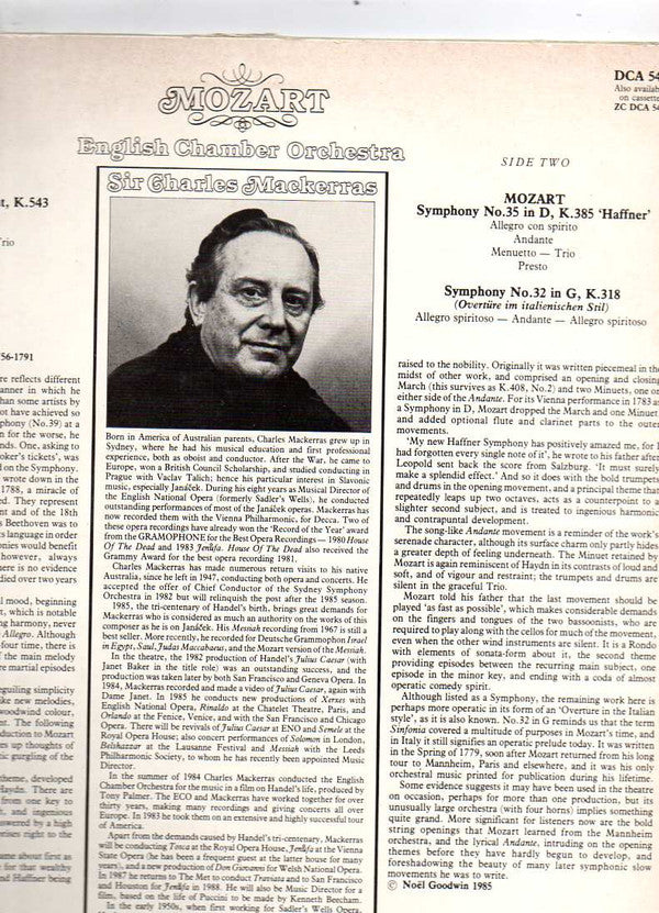 Wolfgang Amadeus Mozart, English Chamber Orchestra, Sir Charles Mackerras : Symphonies Nos. 39, 35 And 32 (LP)